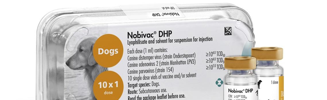 Zoomed in image of Nobivac DHP vials next to its plastic tray