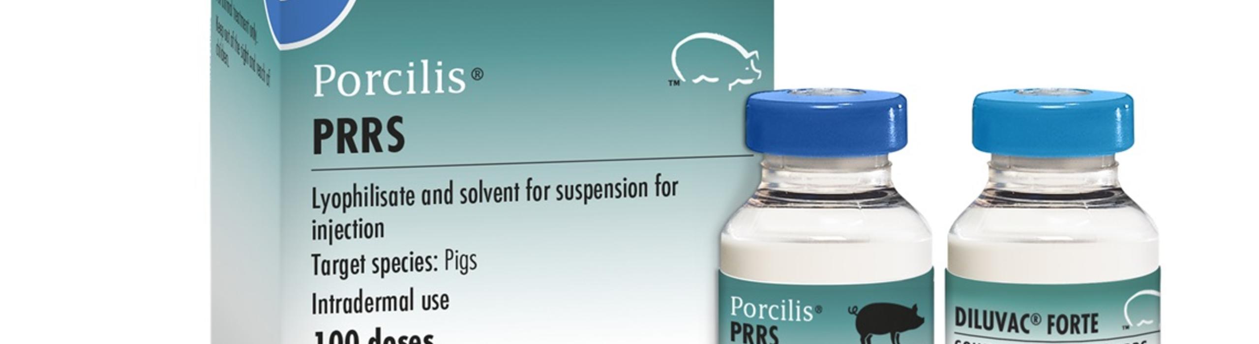 image of Porcilis PRRS bottle next to it's cardboard carton