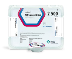 Image of Nobilis® ND Clone 30 live® bottle next to the cardboard carton