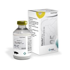 Image of Porcilis Ery 25 dose vaccination bottle next to it's cardboard carton