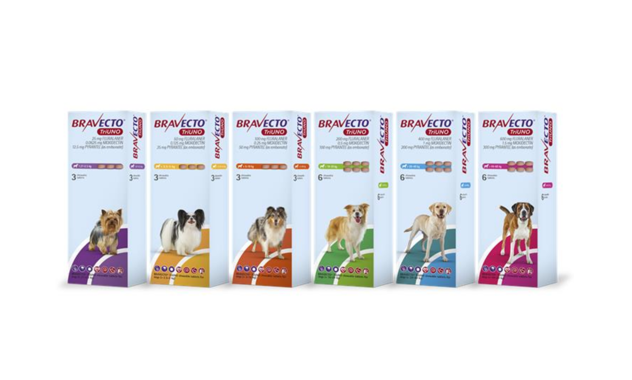 Bravecto Triuno cardboard packs in colour-coded convenient sizes.