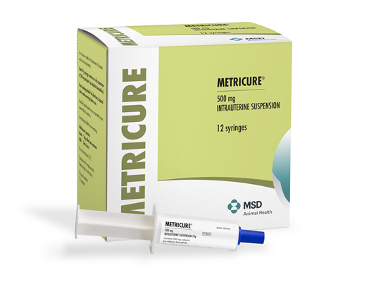 Image of metricure syringe next to its carton larger herd pack tub
