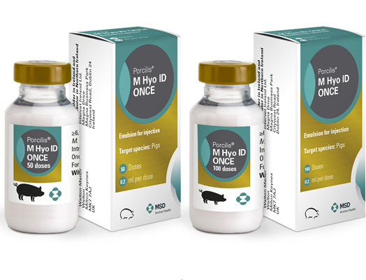 image of Porcilis M Hyo ID ONCE bottles next to cardboard cartons