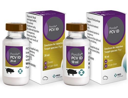 Image of Porcilis PCV ID bottles next to the their cardboard cartons