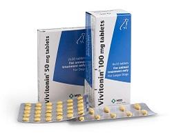 Image of Vivitonin 50 mg and 100 mg tablets shown in blister strips next to the outer cardboard carton